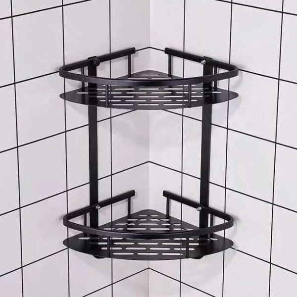 Black 2 Layer Aluminum Shower Caddy Bathroom Corner Shelf