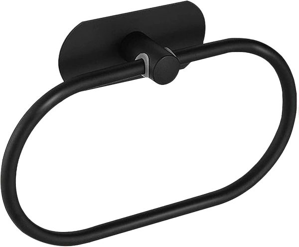 Stainless Steel Oval Towel Ring - Black Elegance with Adhesive Convenience