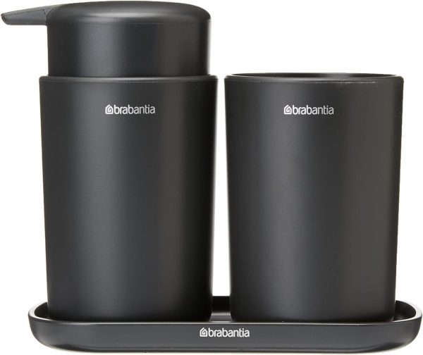 This stylish set features a refillable soap dispenser, toothbrush holder, and multi-functional tray.