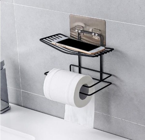 Toilet Paper Holder, with Phone Shelf for All Mobile Phone, Wall Double layer bathroom organizer with strong adhesive. Top phone holder bottom...
